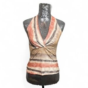 Y2K Shimmer Halter Top Medium Metallic Stretch‎ Plunge Ruched Clubwear Sexy Glam